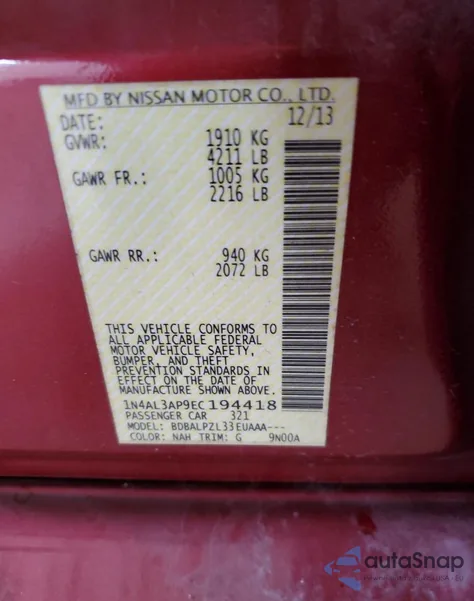 2014 Nissan Altima 2.5 from USA, damaged, VIN 1N4AL3AP9EC194418